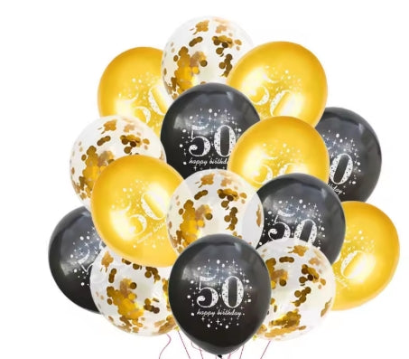 Ballonnenset 50e Verjaardag – Zwart, Goud & Confetti (15-delig)